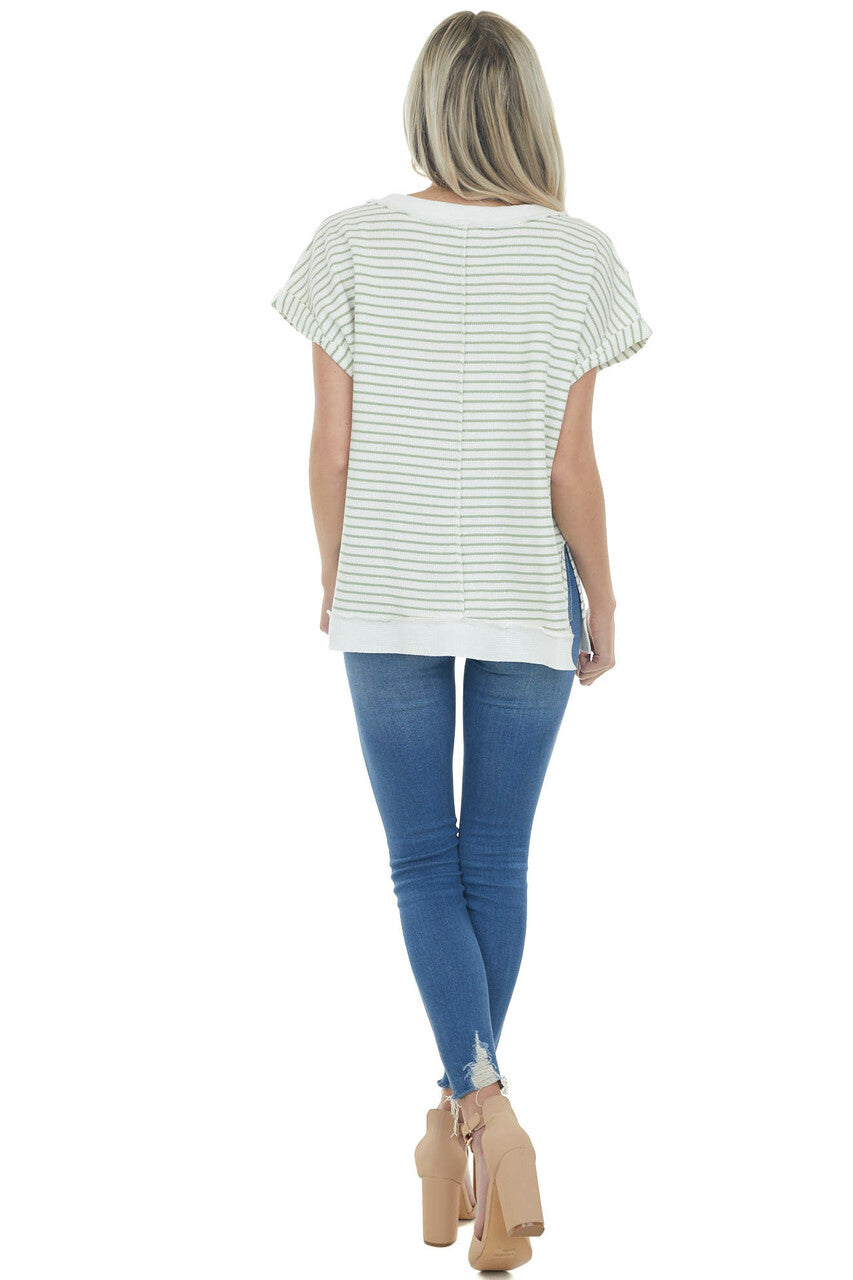 Sage and Ivory Striped V Neck Waffle Knit Top 