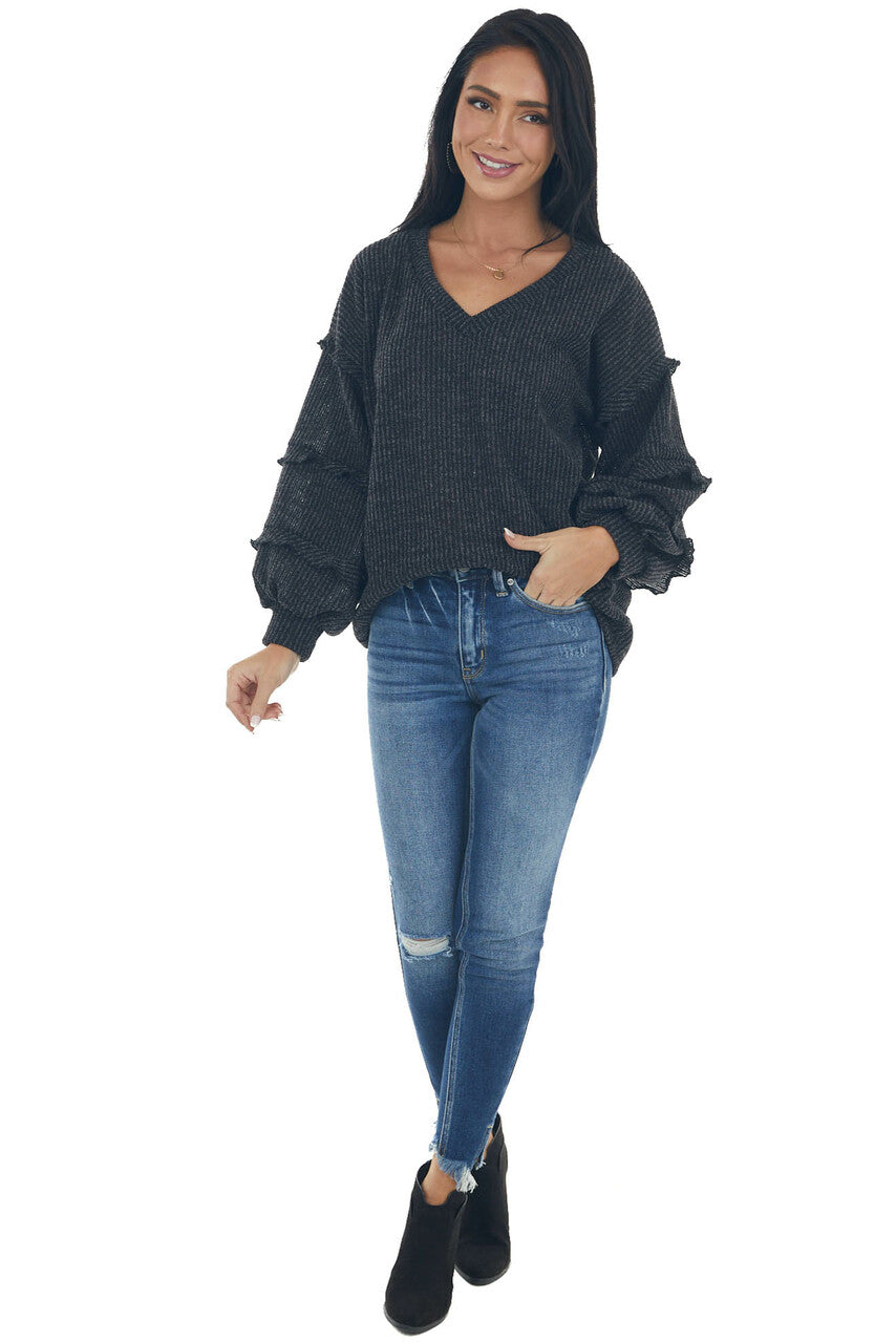 Charcoal Ribbed Knit Top with Ruffle Puff Sleeves