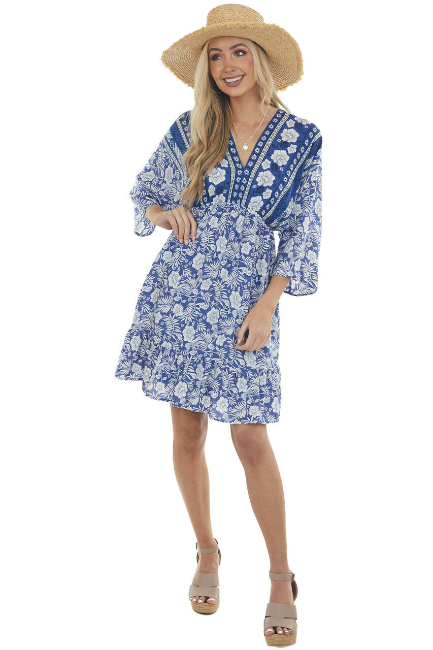 Royal Blue Tropical 3/4 Sleeve Back Tie Dress