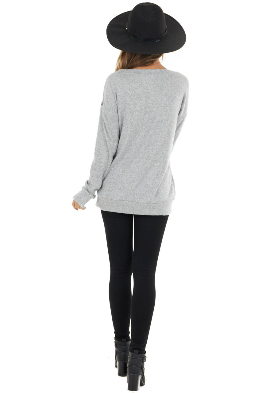 Heathered Grey Long Sleeve Knit Top with Black Lace Details