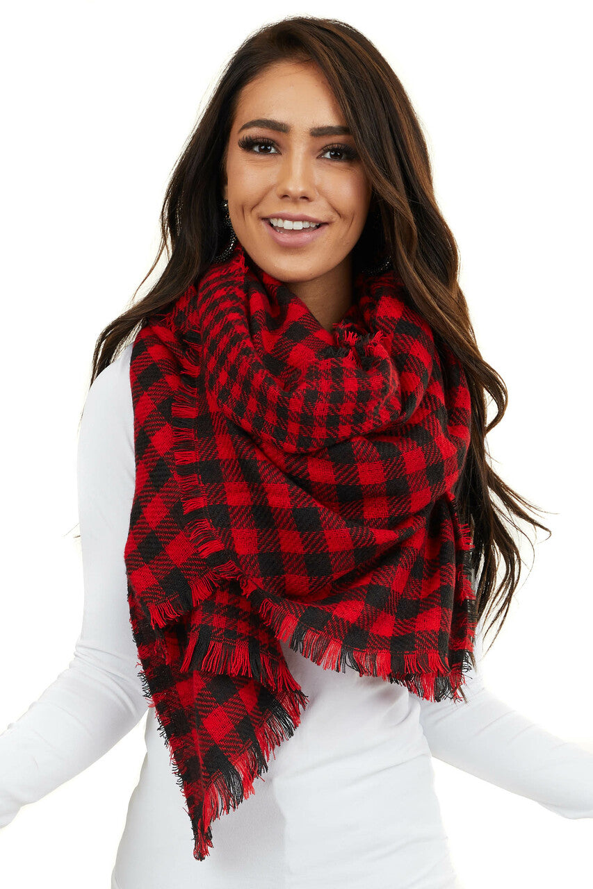 Black and Red Buffalo Plaid Long Scarf with Frayed Hemline