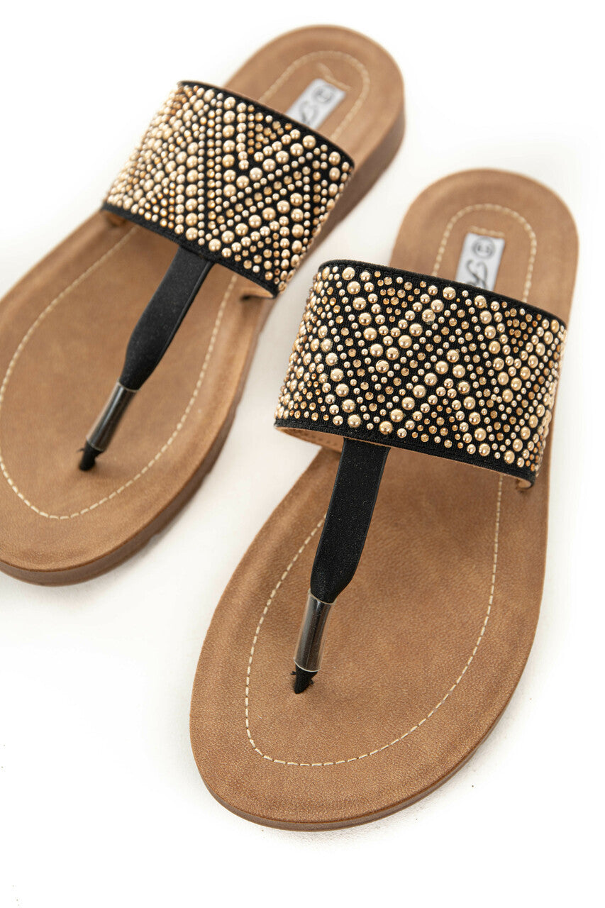 Black and Gold Rhinestone Thong Sandal