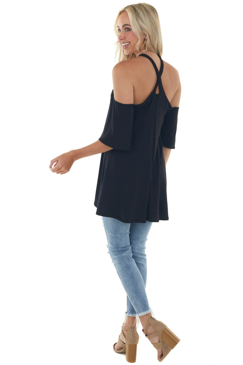 Black Flutter Sleeve Cold Shoulder Halter Top