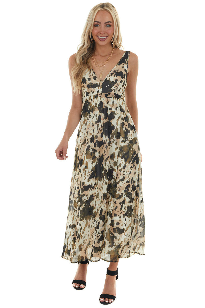 Army Green Printed Sleeveless Flowy Maxi Dress 