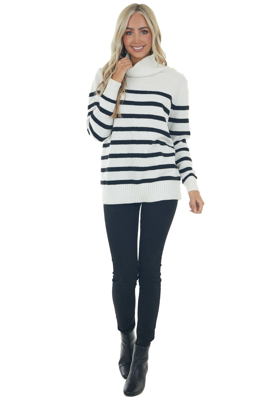 Off White Striped Side Button Up Neck Sweater