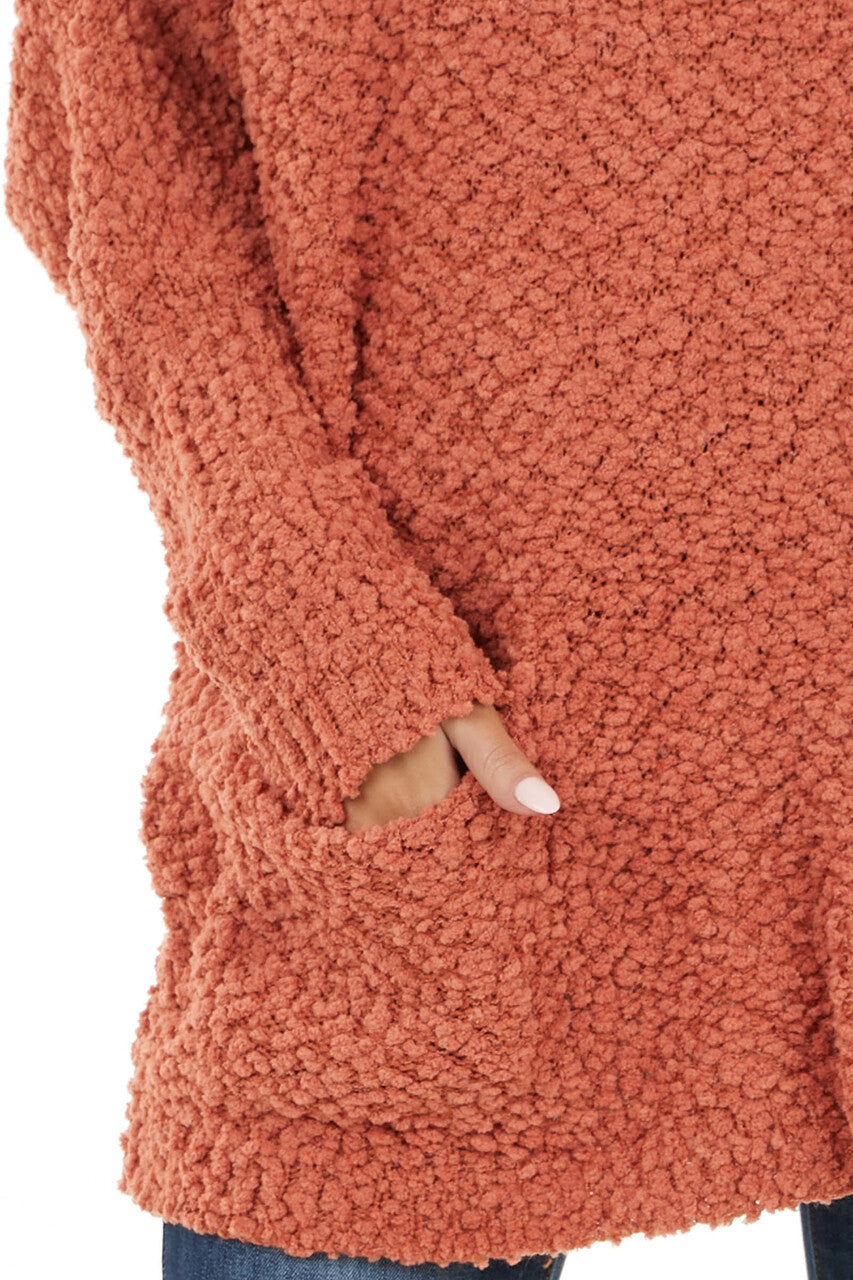 Terracotta Stretchy Knit Long Sweater with Pockets
