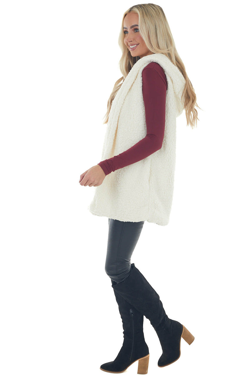 Cream Soft Sherpa Hooded Vest with Pockets