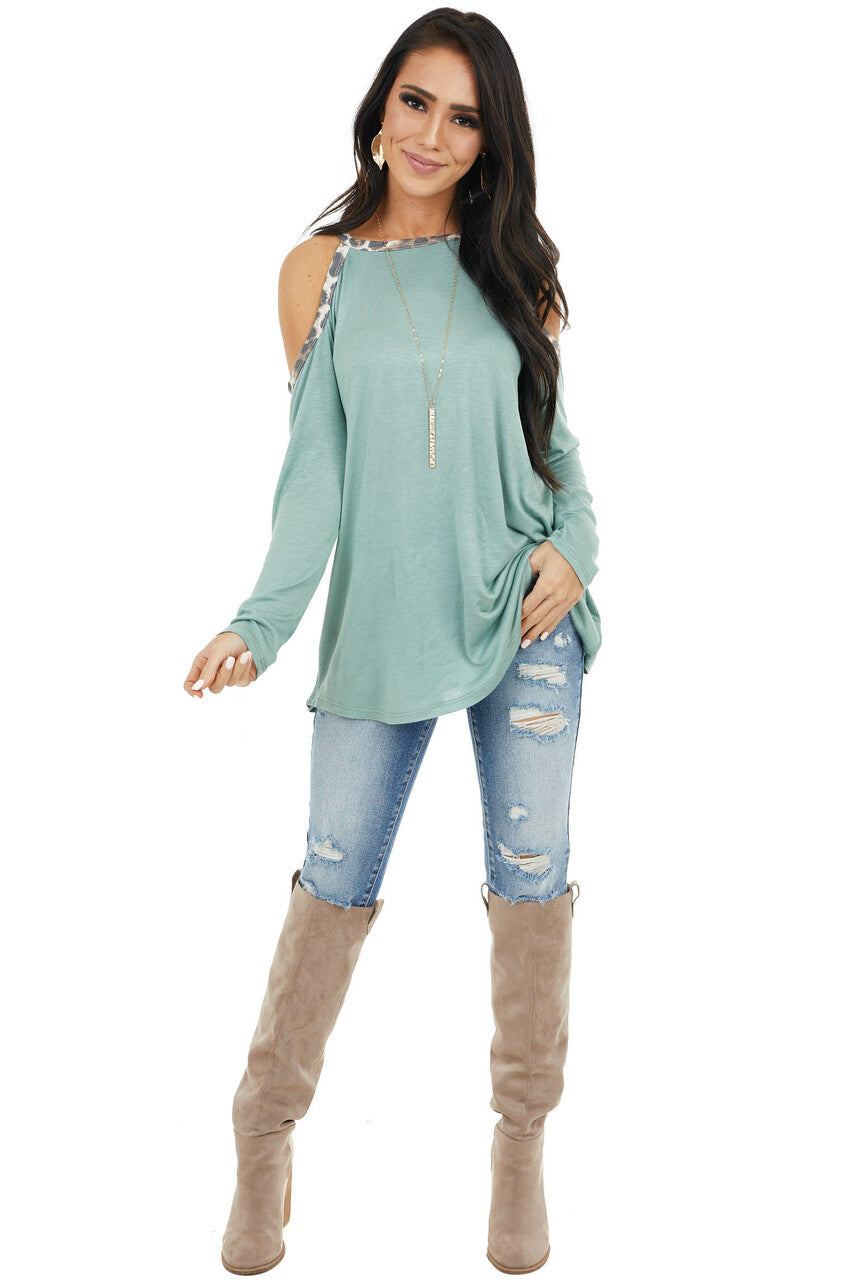 Sage Cold Shoulder Long Sleeve Top with Leopard Print