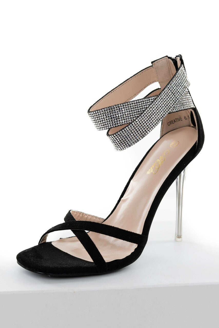 Black Suede and Rhinestone Strappy High Heels