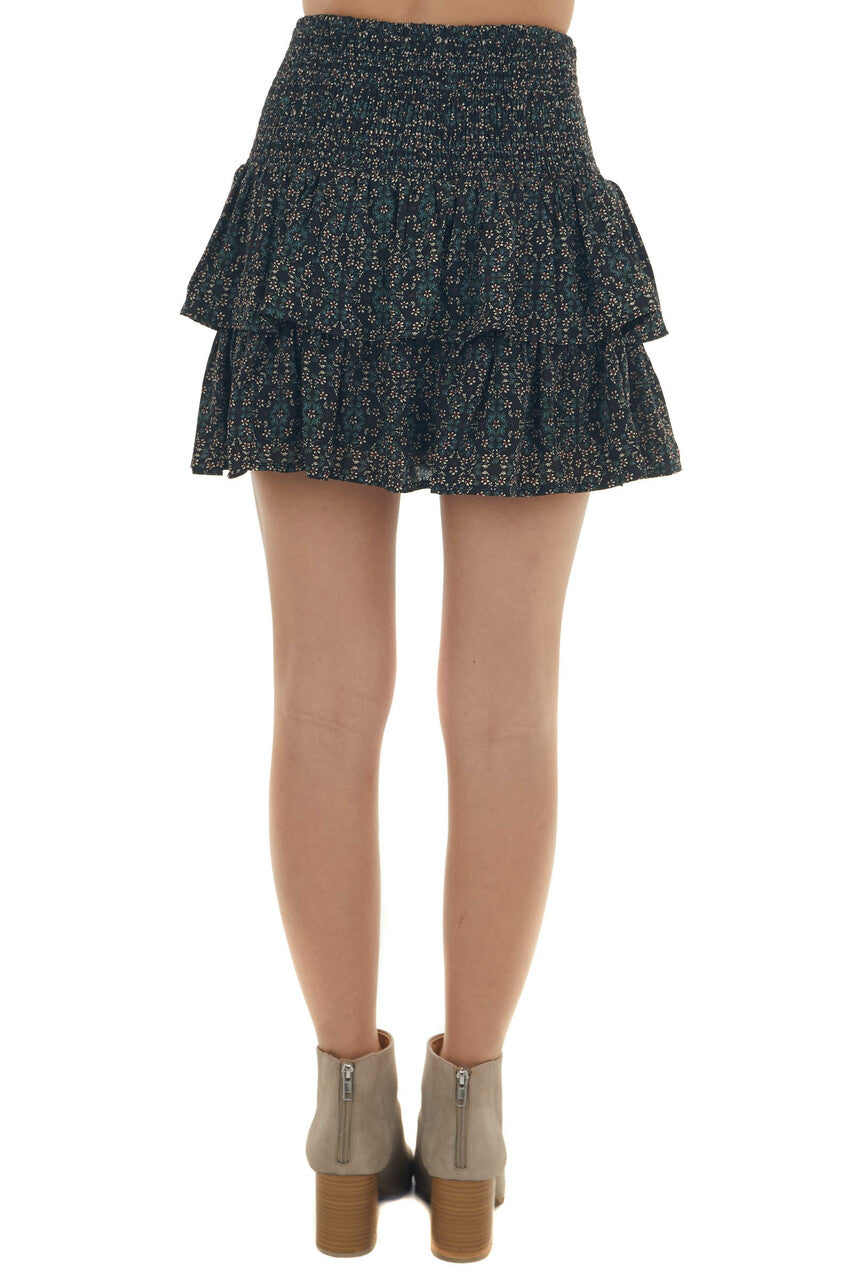Black Ditsy Floral Smocked Tiered Mini Skirt