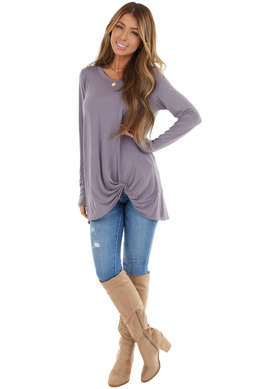 Lavender Knit Long Sleeve Top with Hem Twist Detail