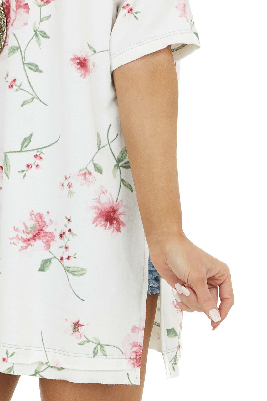 Ivory and Pink Floral Print V Neck Top with Short Sleeves 