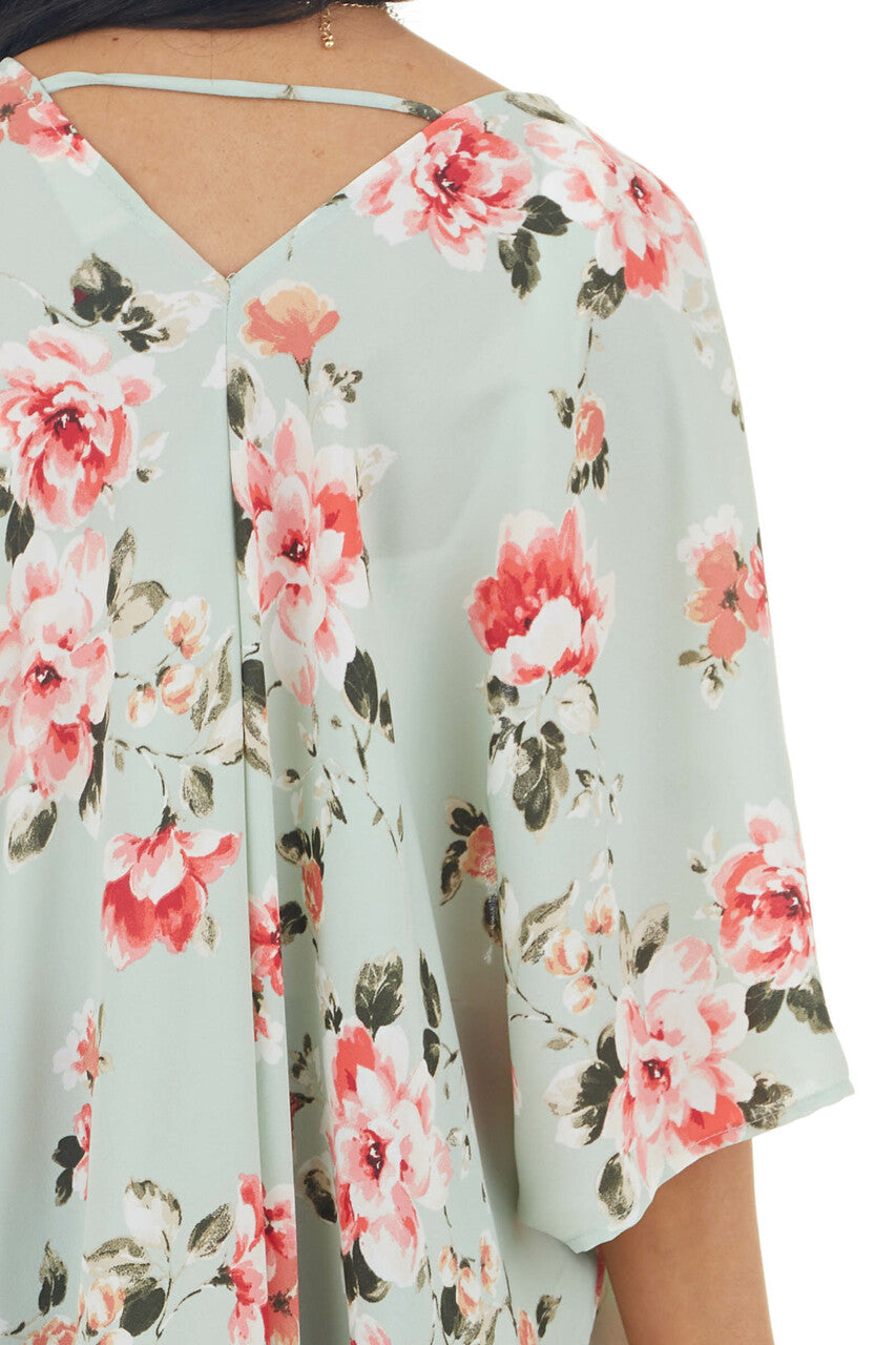 Pale Mint Floral Open Front Kimono with Back Cut Out Detail