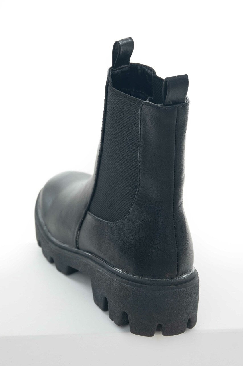 Black Faux Leather Double Side Panel Lug Boots