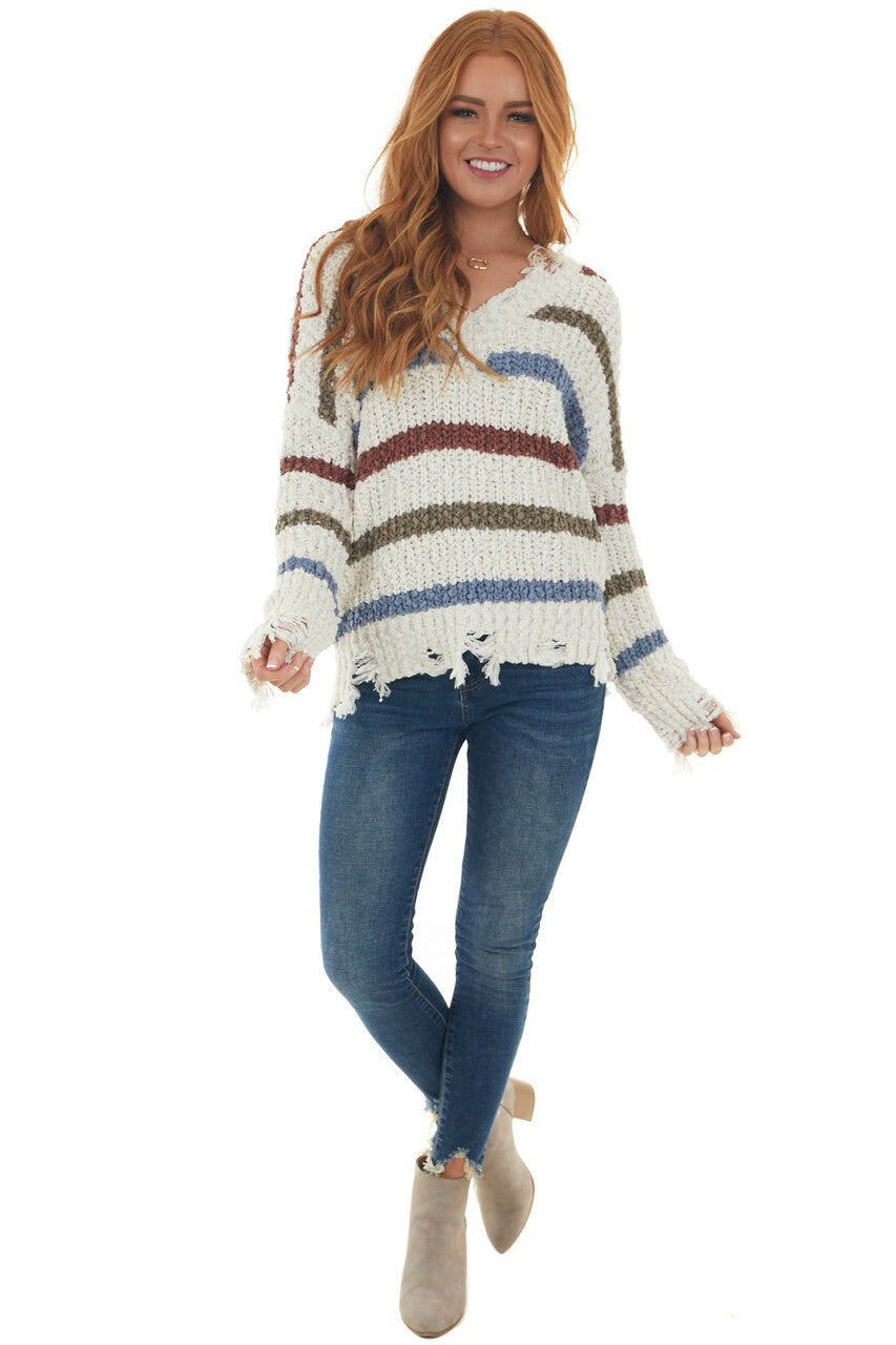 Cream Multicolor Striped Frayed Trim Sweater