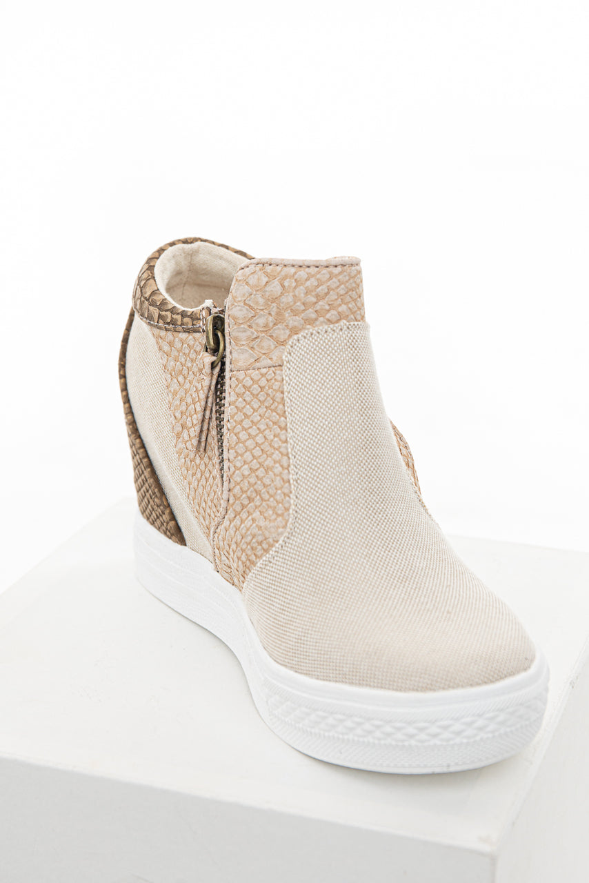 Beige and Snakeskin Print Wedge Sneakers with Dual Zippers 