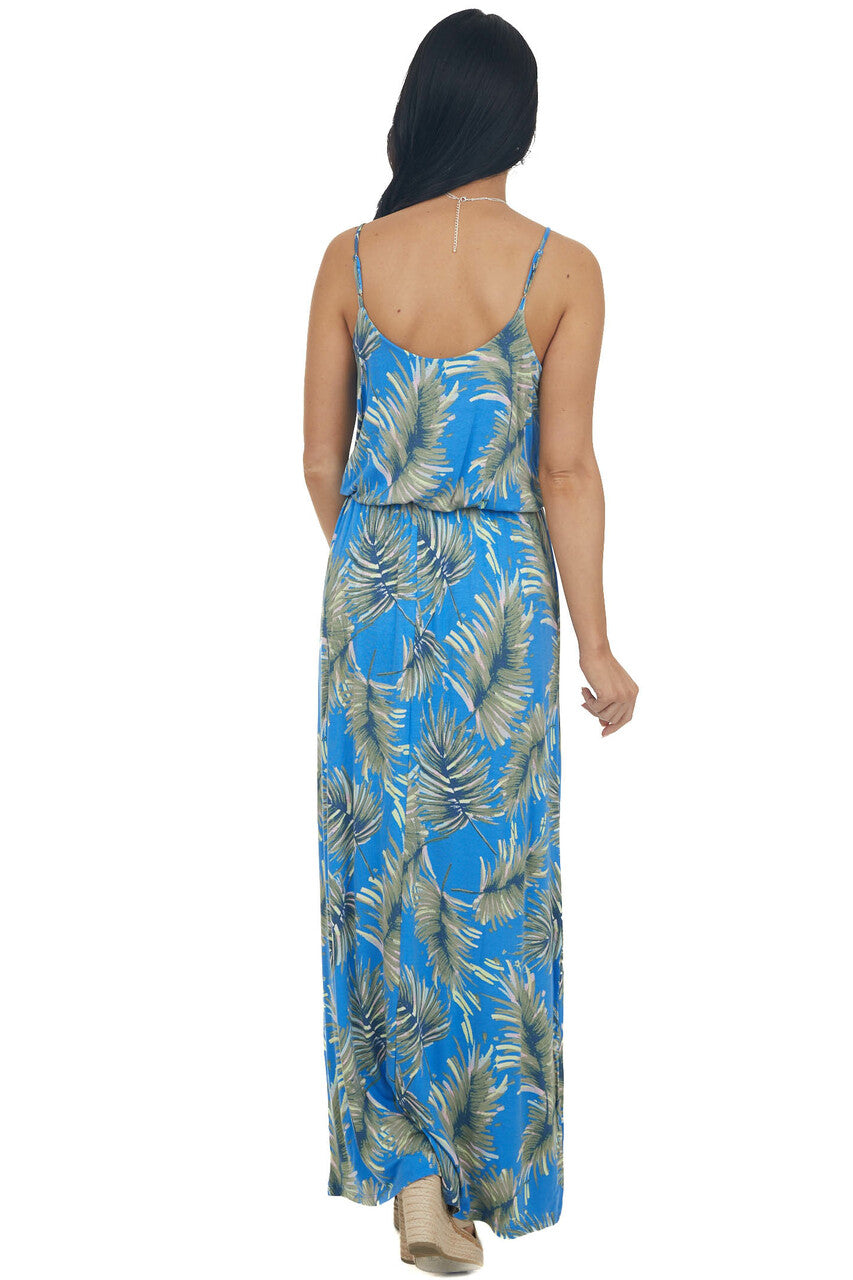 Cobalt Blue Leaf Print Maxi Dress with Straps