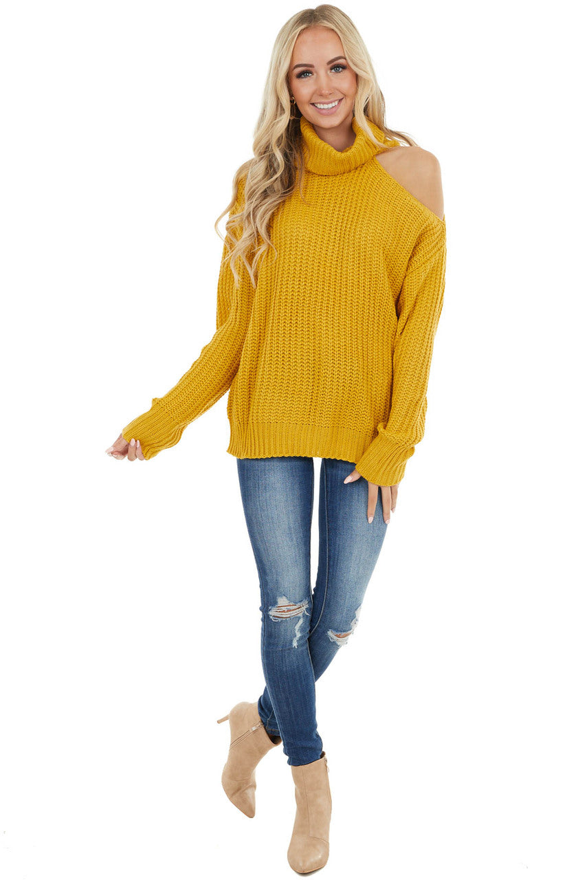 Mustard Long Sleeve Knit Sweater with Cold Shoulder