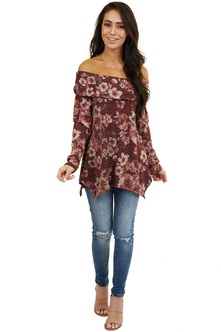 Wine Floral Print Long Sleeve Top with Folded Off Shoulder 