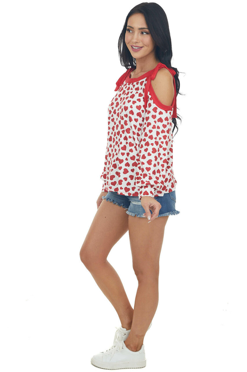 Ivory Heart Print Cold Shoulder Knit Top