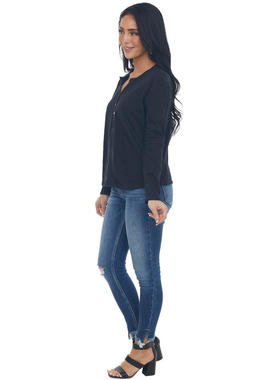 Black Long Sleeve Notch Neck Henley Top