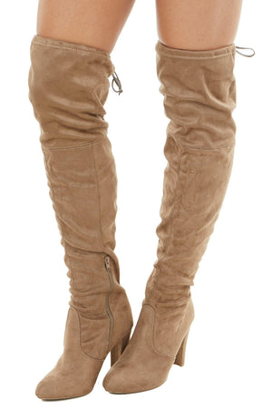 Taupe Faux Suede Above the Knee High Heel Boots with Tie