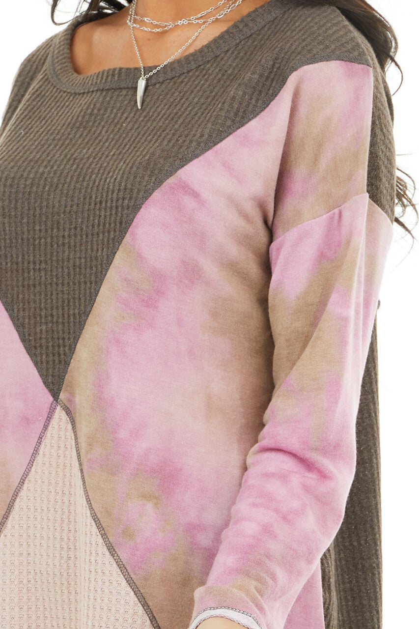Taupe and Blush Colorblock Long Sleeve Top with Tie Dye 