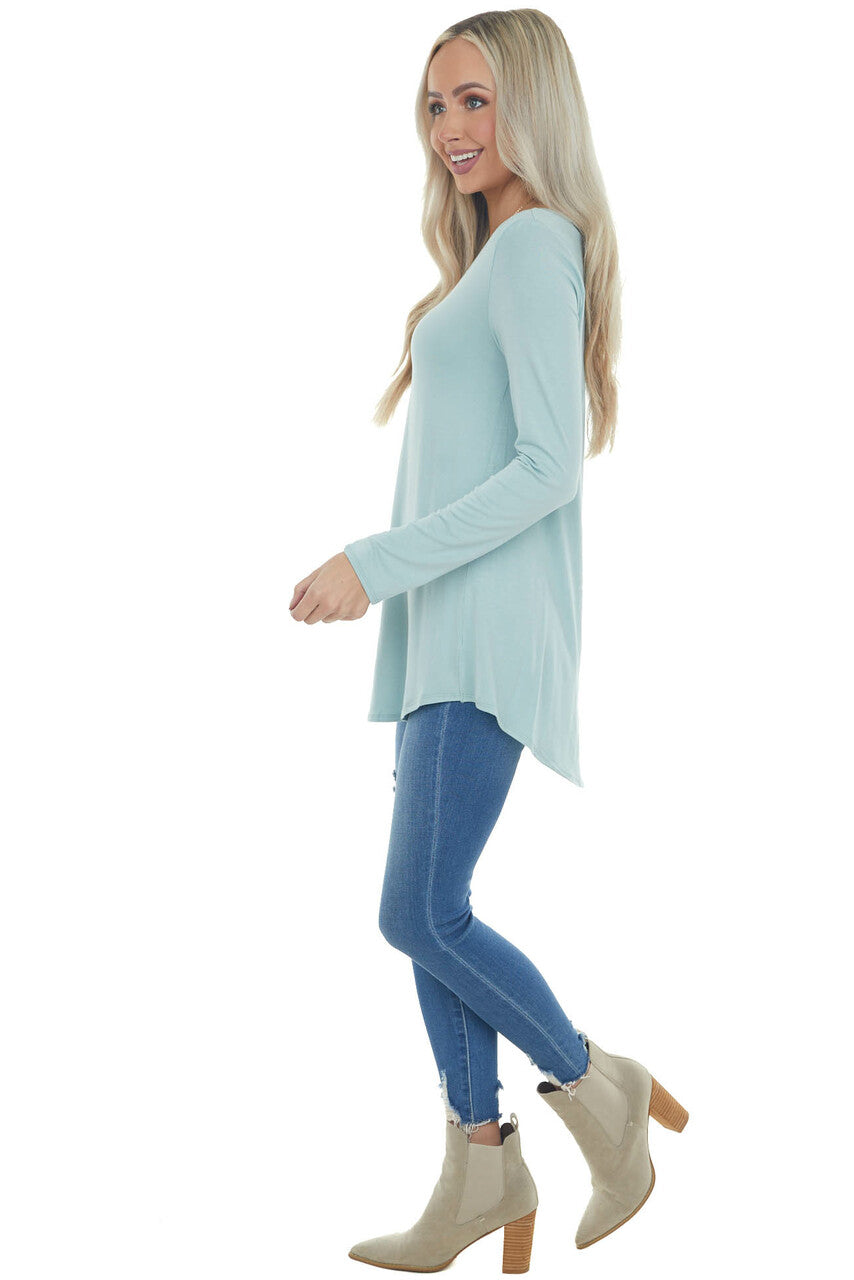 Arctic Blue Rounded Hem V Neck Soft Knit Top