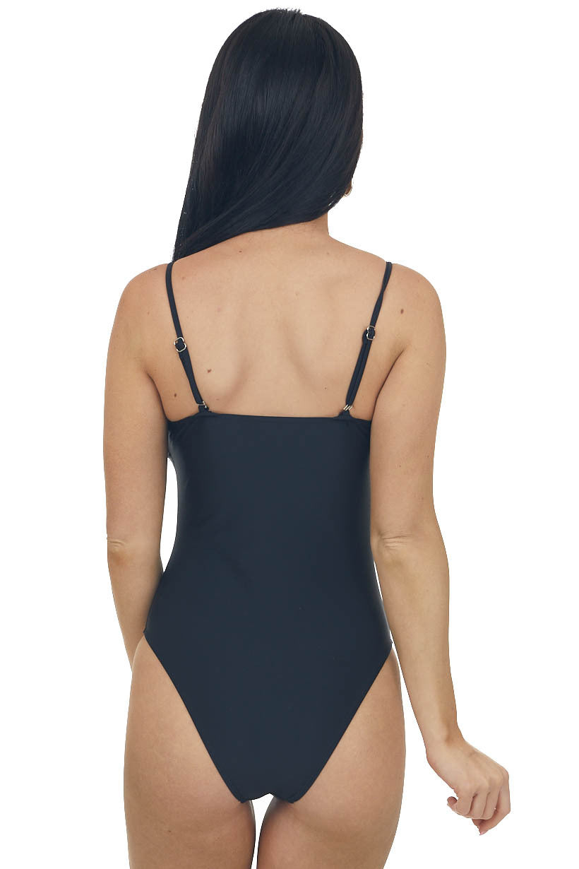 Black Strapless Swimsuit with Gold Bar Detail