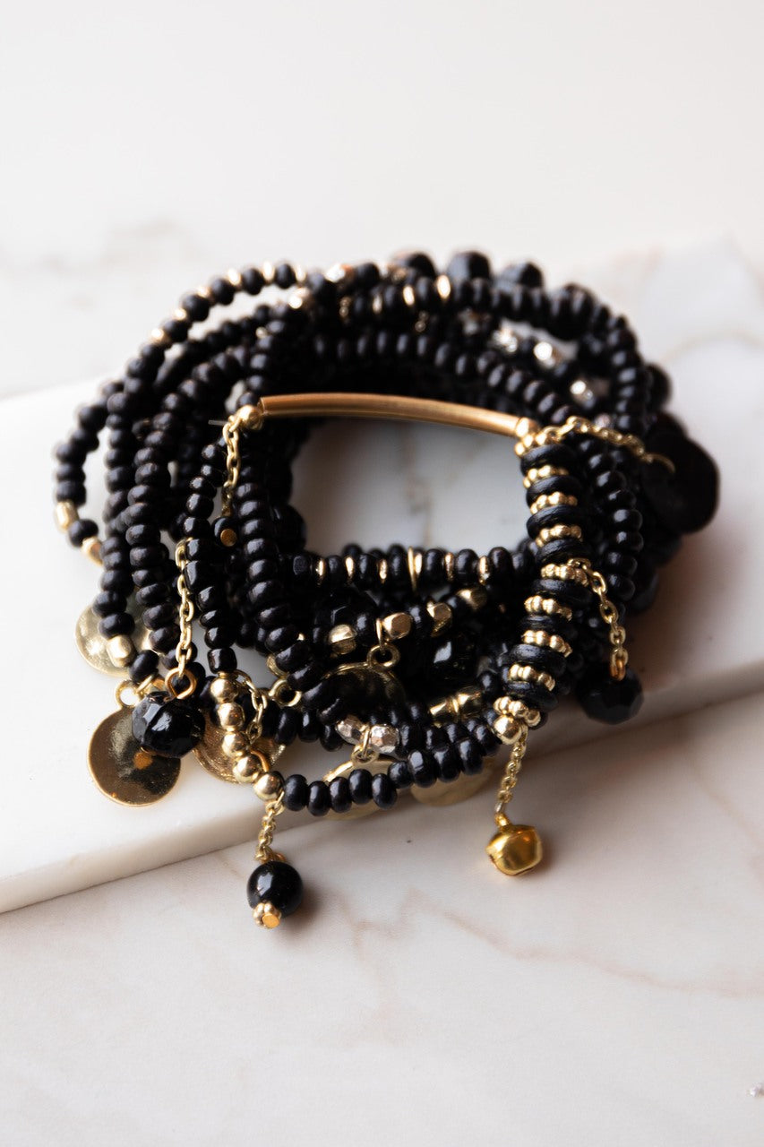 Black Beaded Charm Bracelet Set with Gold Detail