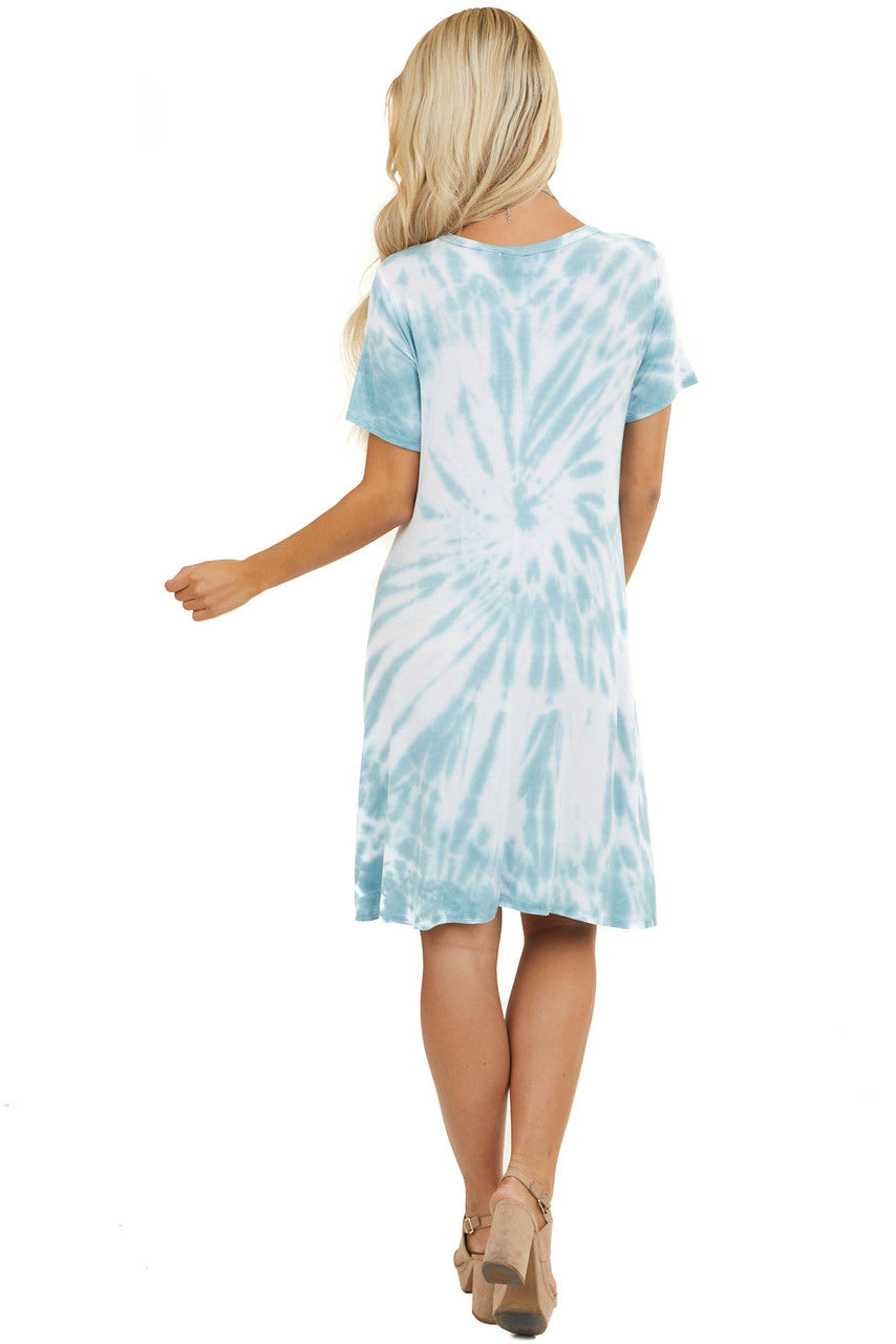 Dark Seafoam Tie Dye Short Sleeve Swing Dress with Pockets 