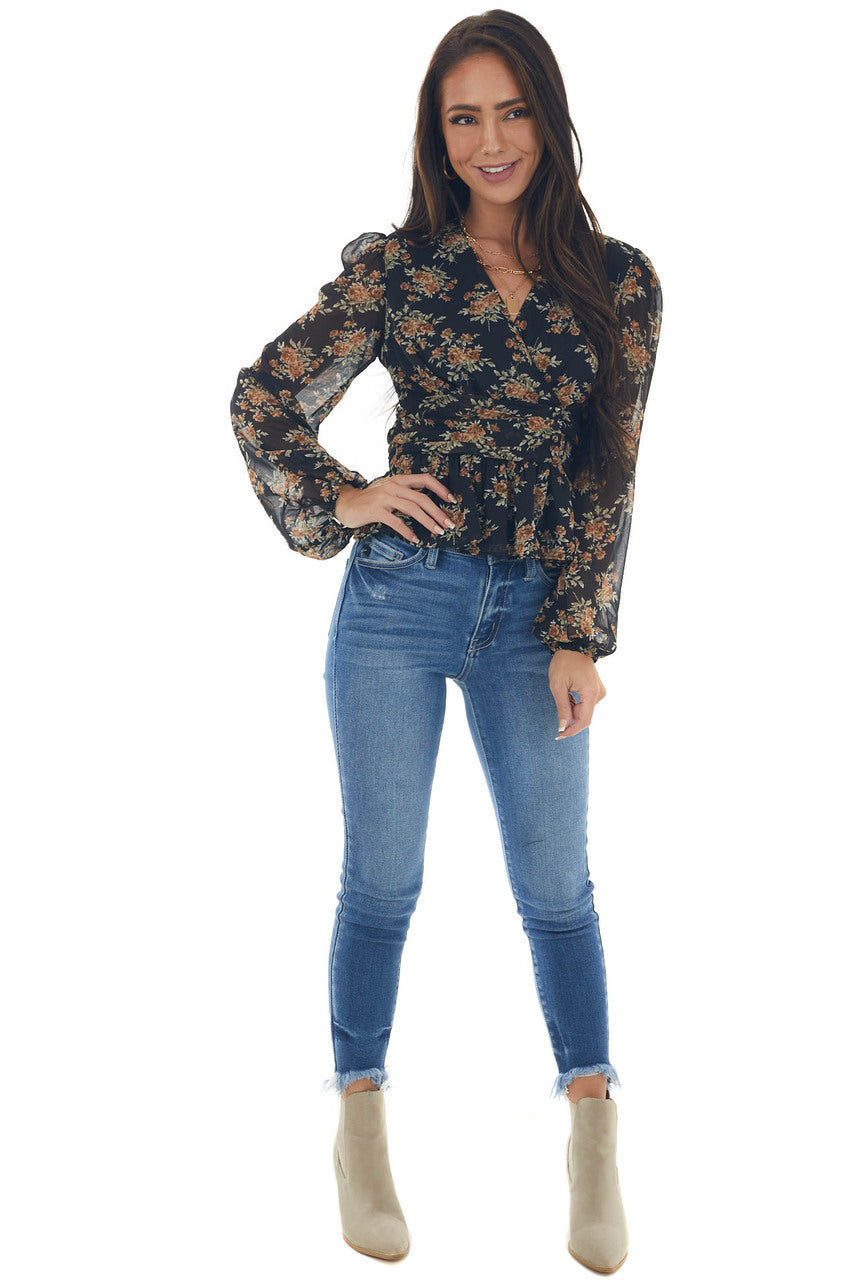 Black Floral Surplice Long Sleeve Woven Top