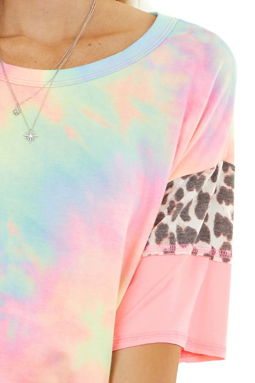 Neon Tie Dye Top with Leopard Print and Colorblock Sleeves 