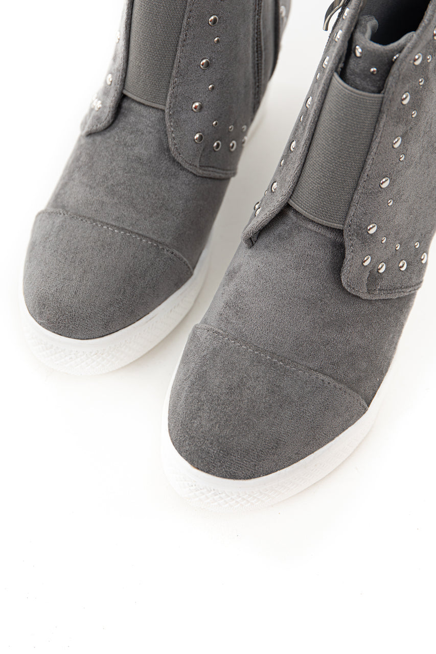 Ash Grey Faux Suede Wedge Sneakers with Silver Stud Details