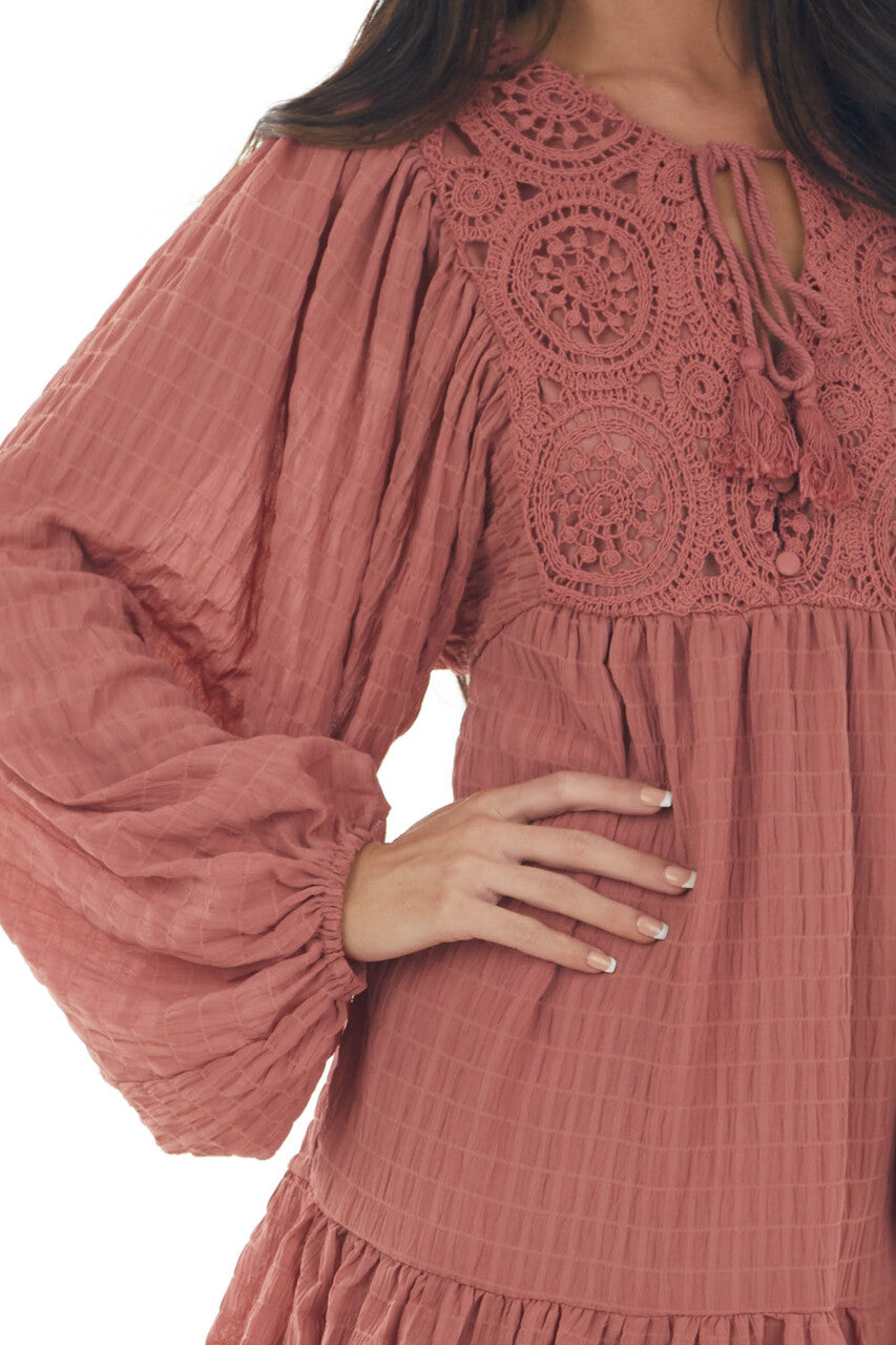 Vintage Rose Textured Puff Sleeve Lace Dress 