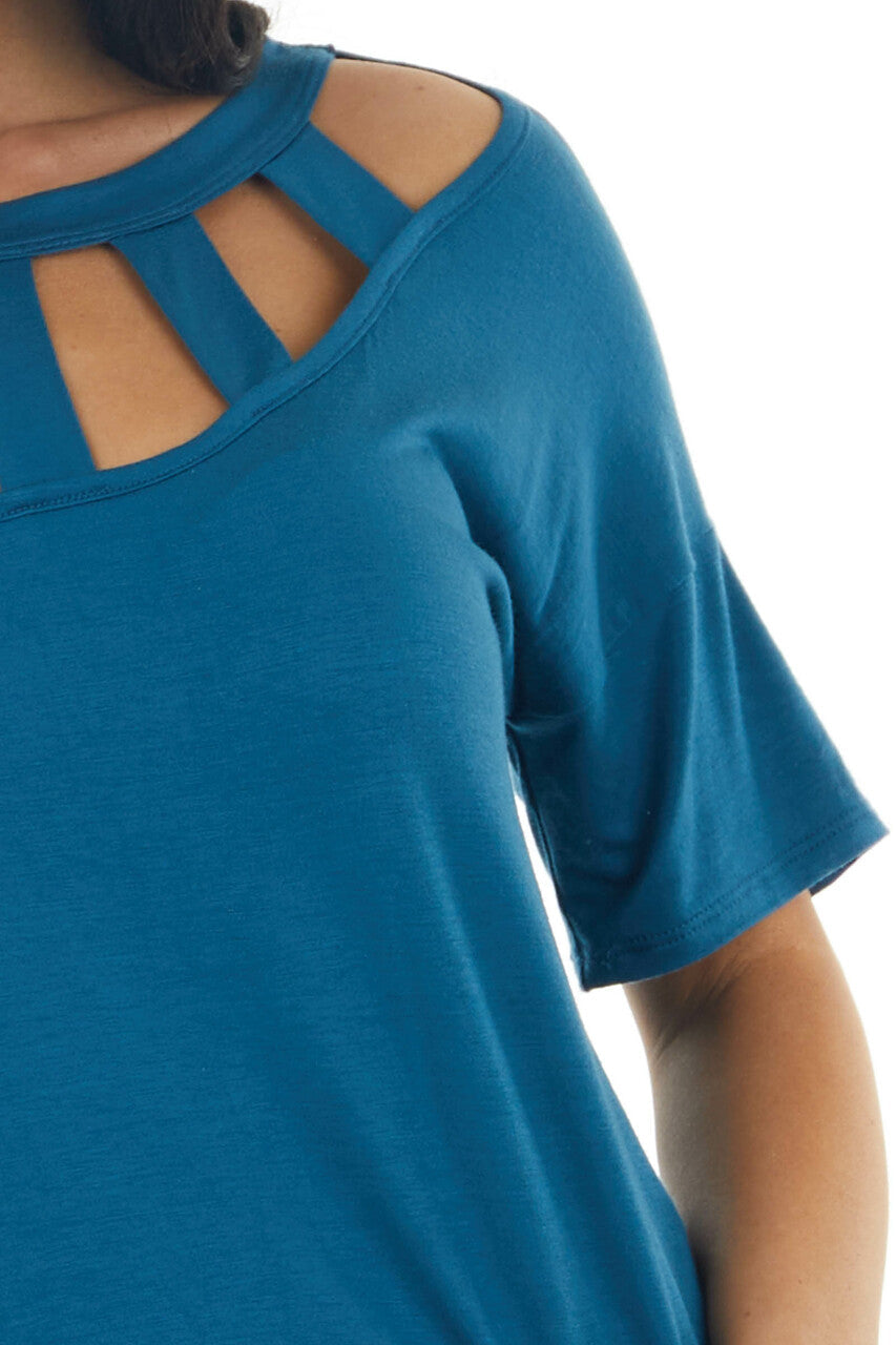 Dark Ocean Blue Short Sleeve Knit Top with Caged Neckline