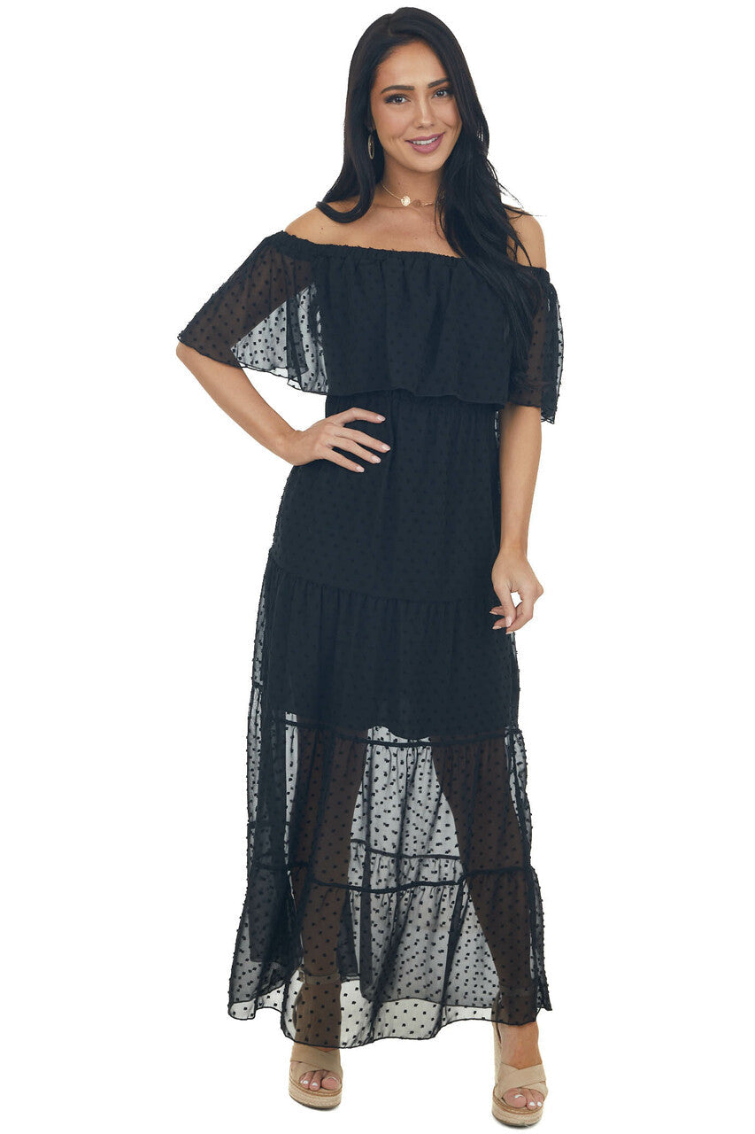 Black Swiss Dot Ruffled Off the Shoulder Maxi Dress