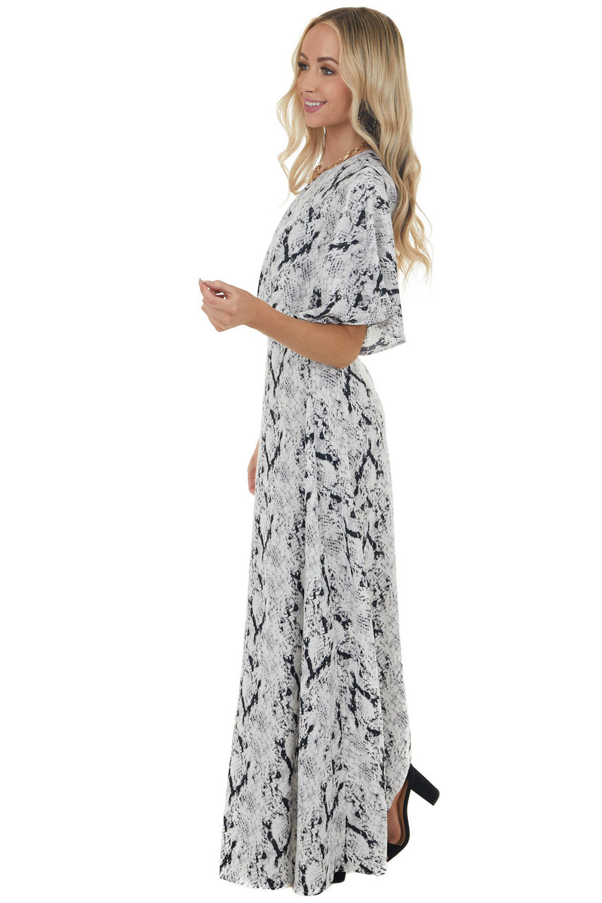 Dove Grey Snakeskin Print Woven Maxi Dress with One Shoulder 