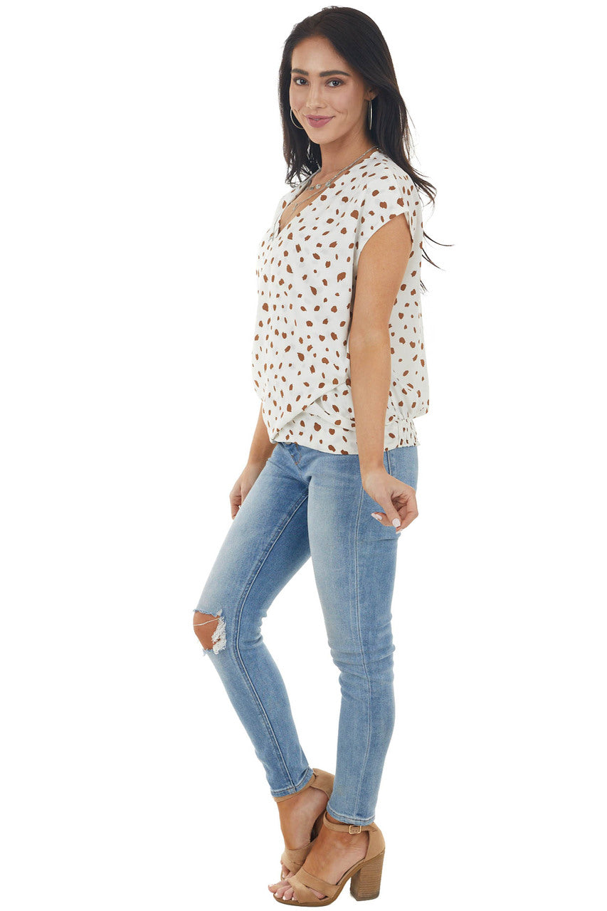 Ivory and Walnut Patterned Surplice Top with Short Sleeves