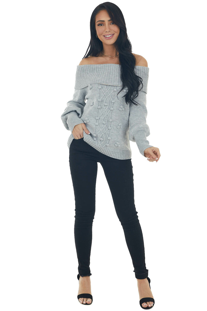Dove Grey Off Shoulder Pom Pom Detail Sweater 