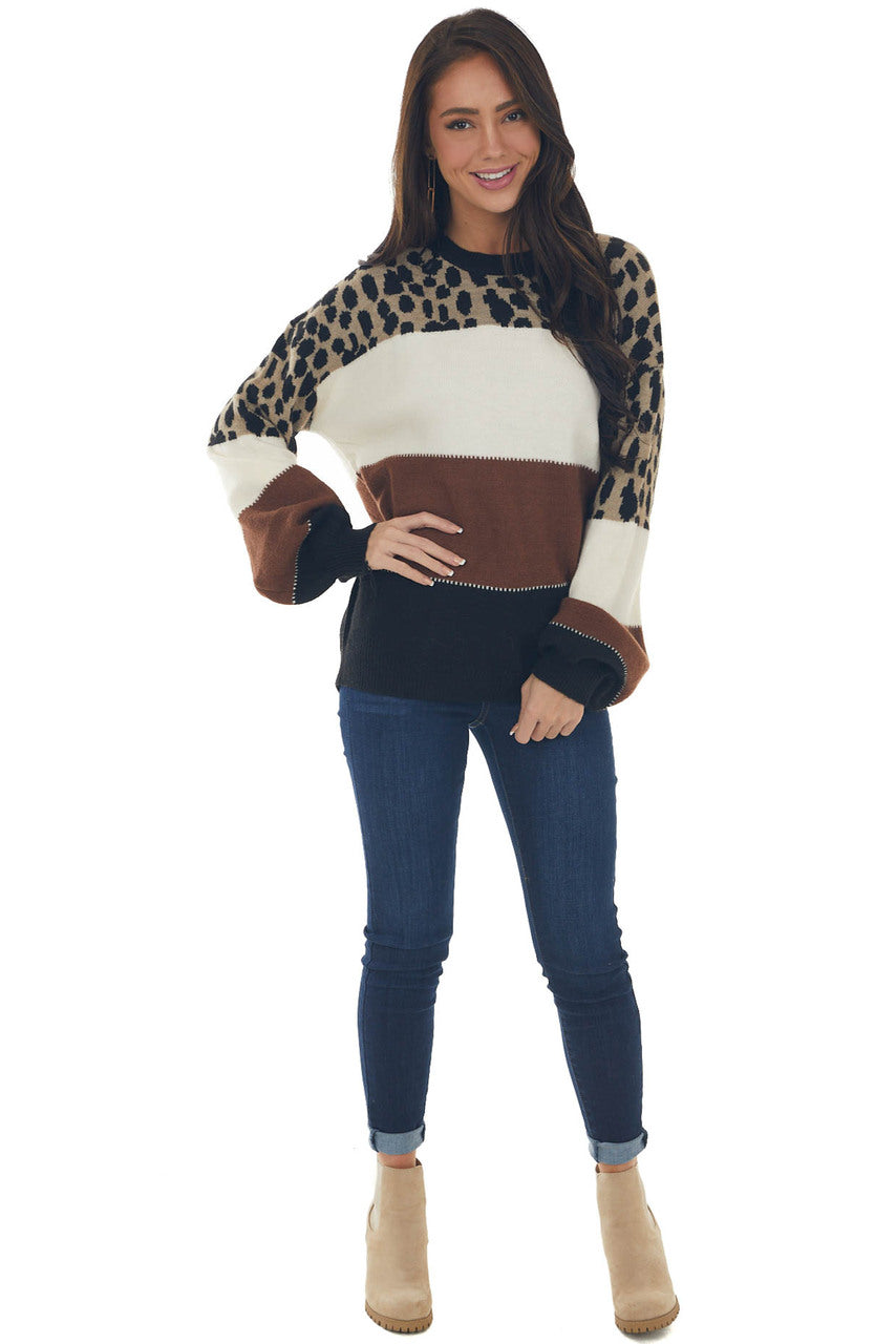 Cinnamon Cheetah Print Colorblock Knit Sweater