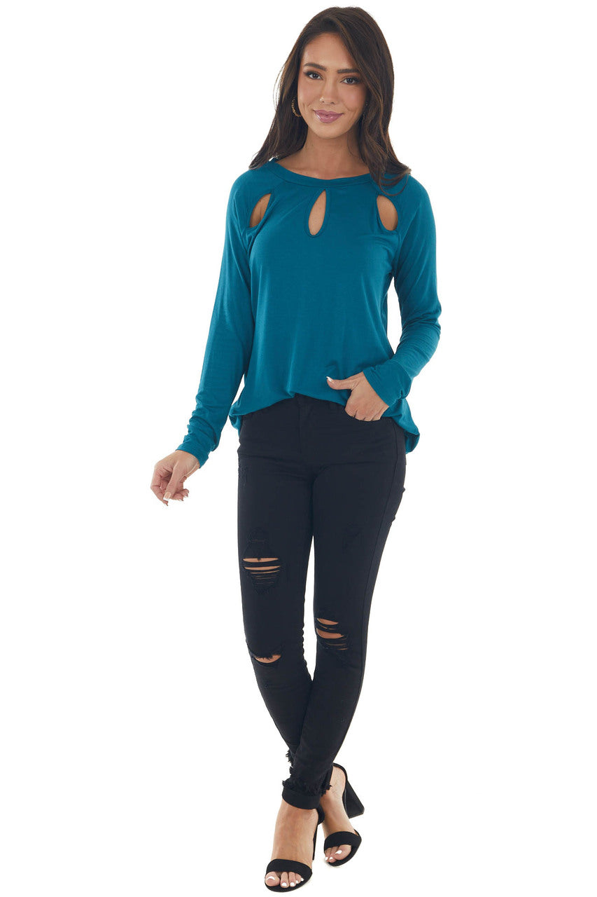 Deep Teal Long Sleeve Triple Chest Keyhole Top 