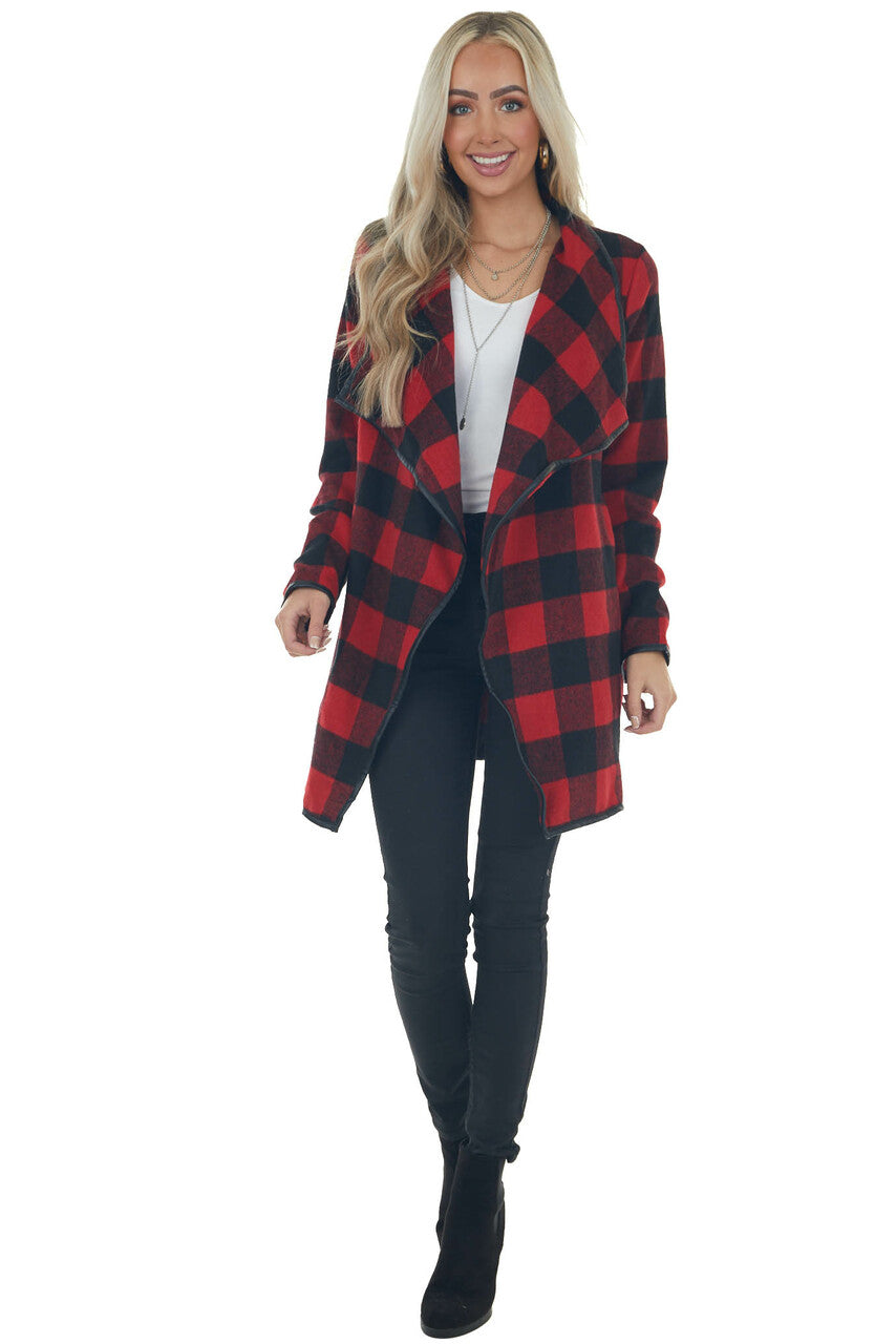 Ruby Buffalo Plaid Draped Open Front Coat 
