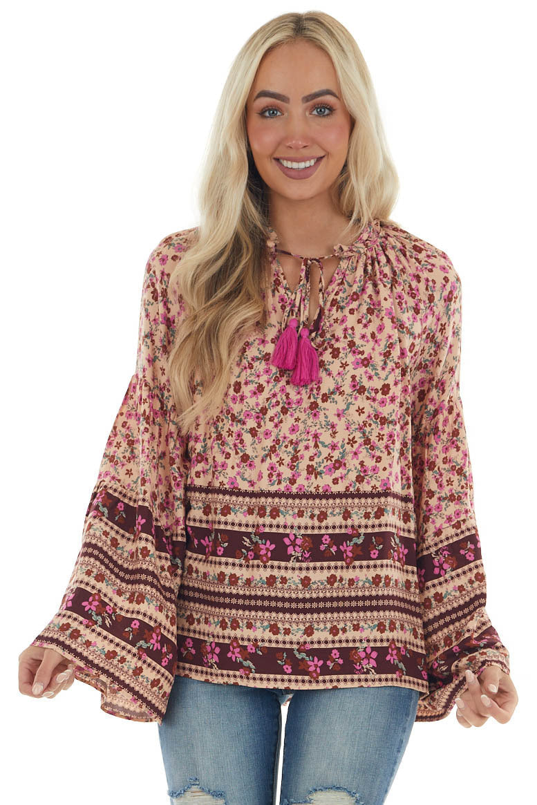 Beige Printed Bell Sleeve Top with Tassel Tie