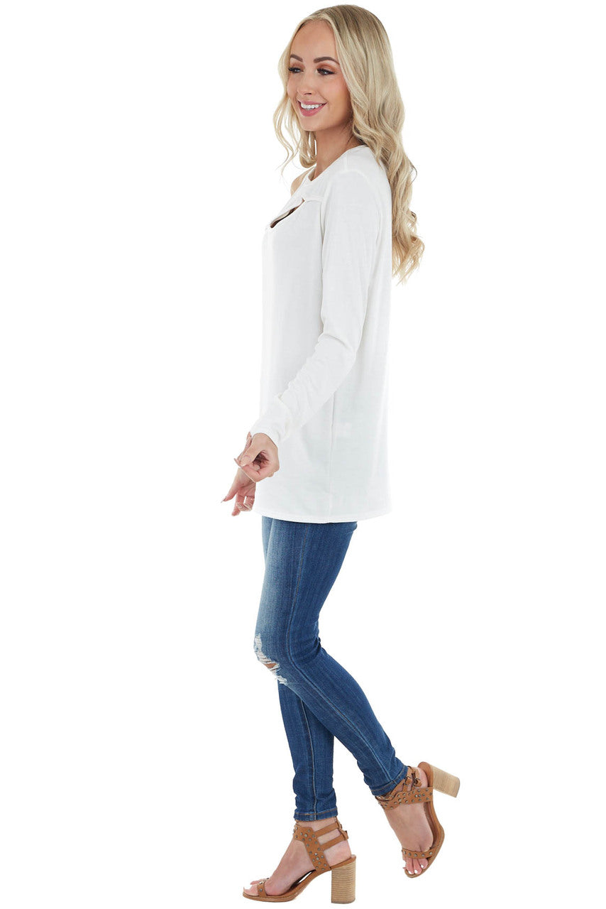 Off White Long Sleeve Open Front Top with Cold Shoulder