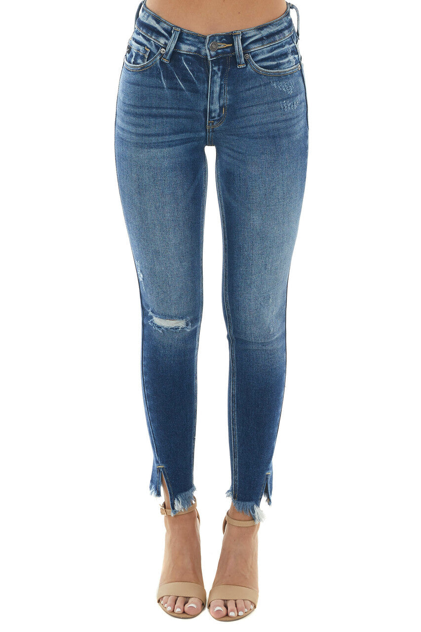 Dark Wash High Rise Split Hem Skinny Jeans