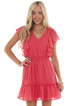 Raspberry Striped V Neck Ruffle Smocked Dress