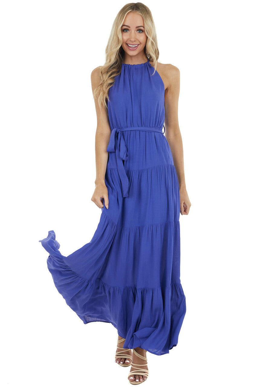 Indigo Halter Neck Tiered Maxi Dress with Tie Detail 