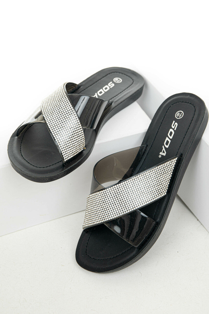 Black and Rhinestone Criss Cross Strap Sandals 