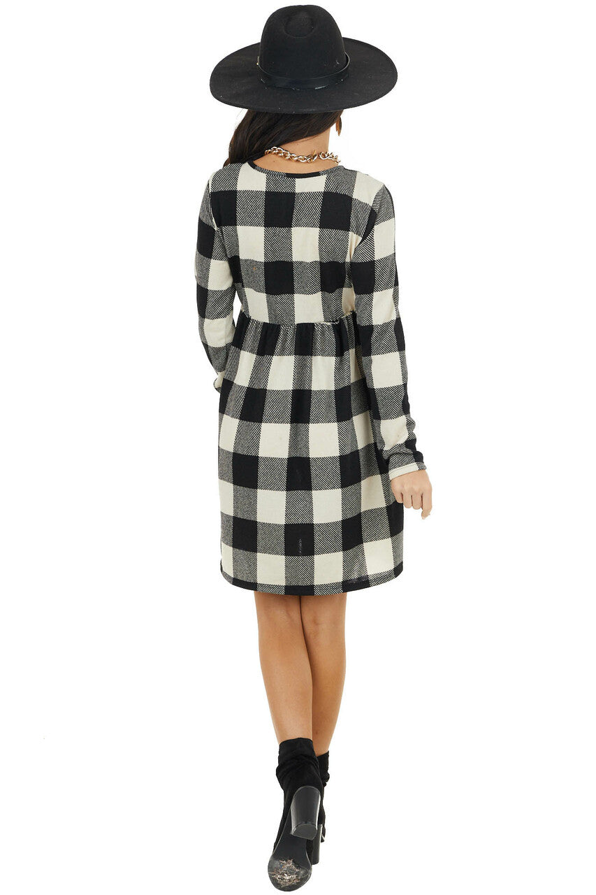 Black and Ivory Buffalo Plaid BabyDoll Dress with Pockets
